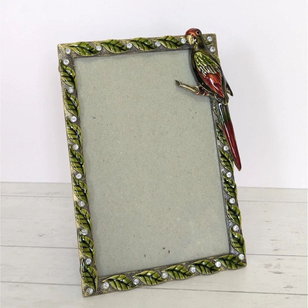 Jeweled Enamel Parrot Picture Frame Rhinestone Tropical Bird Leaves 4x6 Photo